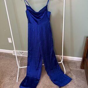Royal Blue Satin Cowl Neck Jumpsuit | Wide Leg Formal Jumpsuit | Wedding Guest